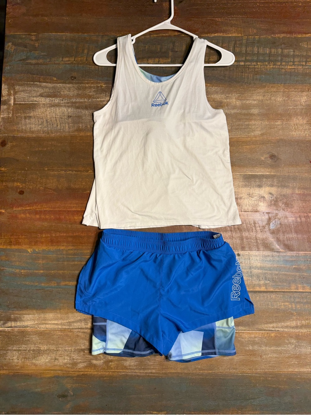 Reebok White Tank Top with Blue Athletic Shorts